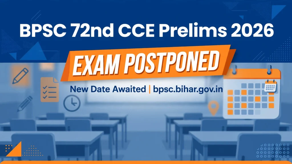 BPSC 72nd CCE Prelims 2026 postponed banner — 25 October exam deferred, new date awaited