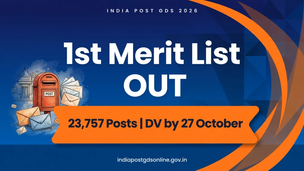 India Post GDS 2026 1st Merit List banner — 23,757 posts, document verification by 27 October