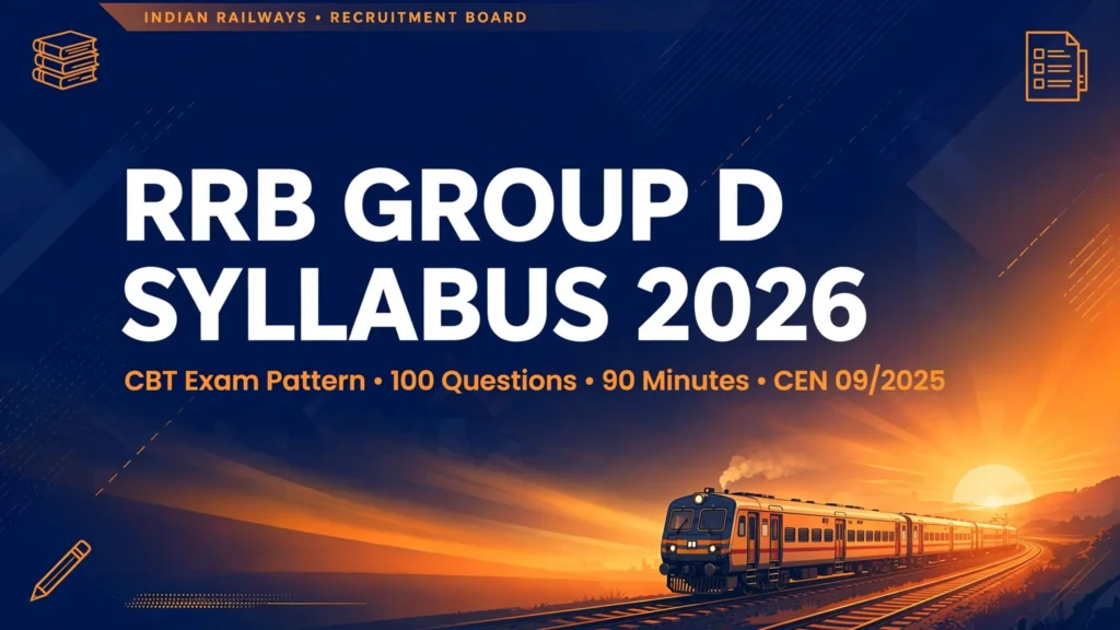 RRB Group D Syllabus 2026 banner — CBT exam pattern with 100 questions, 90 minutes, CEN 09/2025