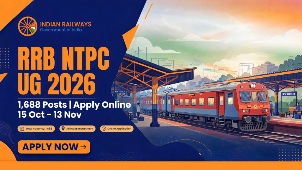 RRB NTPC UG Recruitment 2026 banner — 1,688 railway posts, apply online from 15 October to 13 November at rrbapply.gov.in