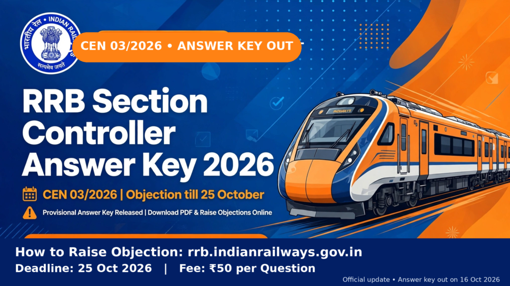 RRB Section Controller Answer Key 2026 banner — CEN 03/2026, objection window open till 25 October 2026